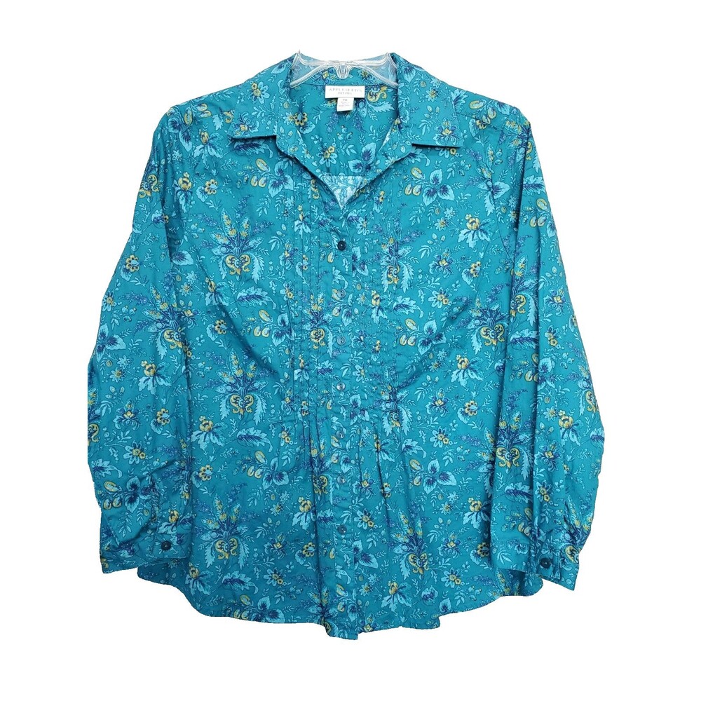 Appleseed's Petites Teal Floral Pintucked Button-Up Tunic Size PXL